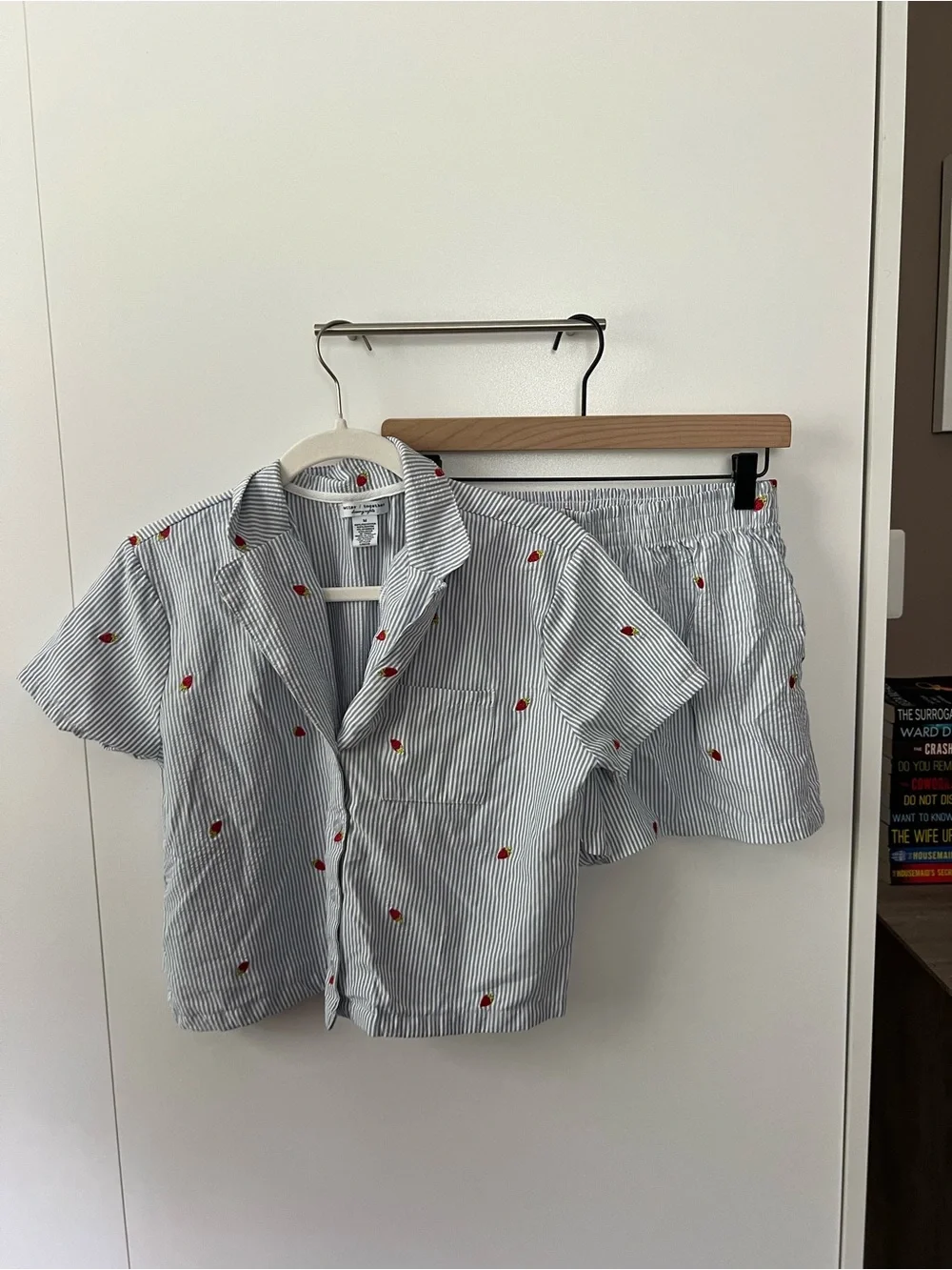 T.J.Maxx Blue Striped Short Sleeve Shirt & Shorts Set with Red Strawberry Motif